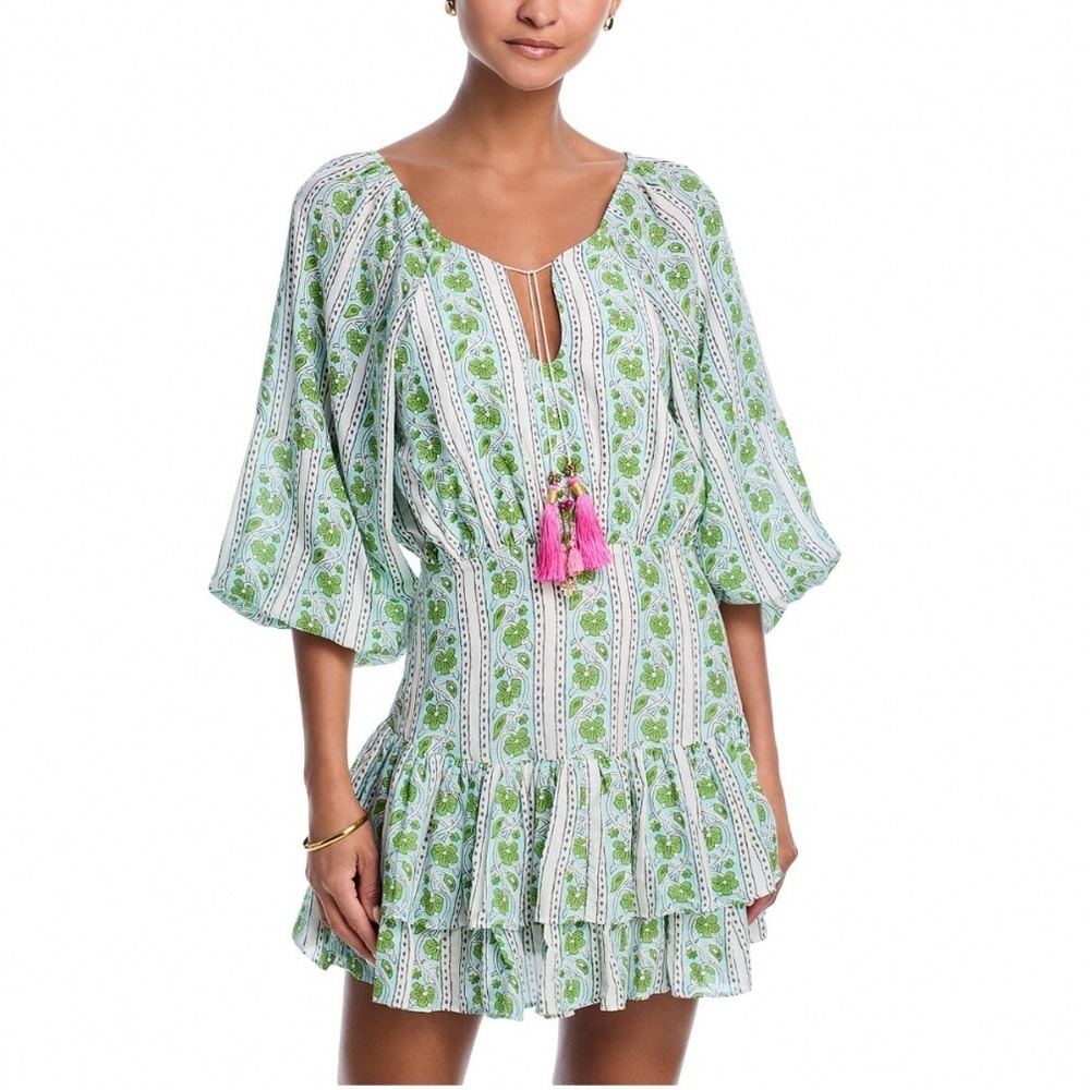 Bell Siena Mini Dress Green Turquoise Border Stripe Cotton Silk Tassel Large NEW